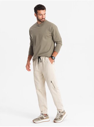 Pánské pletené tepláky s cargo kapsami krémové Ombre Clothing