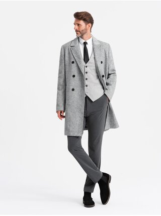Elegantný pánsky dvojradový kabát v tvare rybej kosti sivý Ombre Clothing