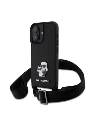 Karl Lagerfeld Saffiano Crossbody Popruh Metal Karl and Choupette Zadní Kryt pro iPhone 16 Black