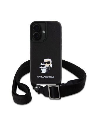 Karl Lagerfeld Saffiano Crossbody Popruh Metal Karl and Choupette Zadní Kryt pro iPhone 16 Black