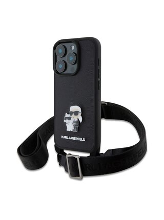 Karl Lagerfeld Saffiano Crossbody Popruh Metal Karl and Choupette Zadní Kryt pro iPhone 16 Pro Black