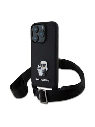 Karl Lagerfeld Saffiano Crossbody Popruh Metal Karl and Choupette Zadní Kryt pro iPhone 16 Pro Max Black