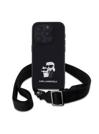 Karl Lagerfeld Saffiano Crossbody Popruh Metal Karl and Choupette Zadní Kryt pro iPhone 16 Pro Max Black