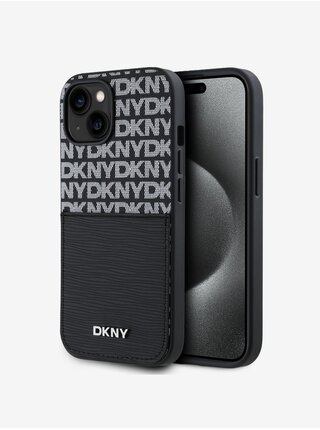 PU Leather Repeat Pattern Card Pocket Zadní Kryt pro iPhone 15 Black DKNY
