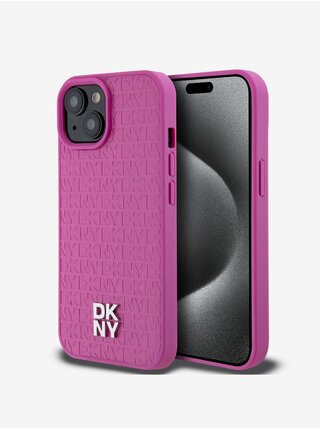 PU Leather Repeat Pattern Stack Logo Magsafe Zadní Kryt pro iPhone 15 Pink DKNY
