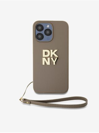 PU Leather Stack Logo Wrist Strap Zadní Kryt pro iPhone 14 Pro Max Beige DKNY