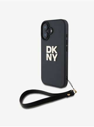 DKNY PU Leather Stack Logo Wrist Strap Zadní Kryt pro iPhone 16 Black