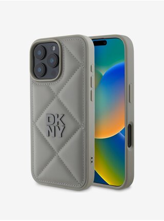 DKNY PU Leather Quilted Stack Logo Zadní Kryt pro iPhone 16 Pro Grey
