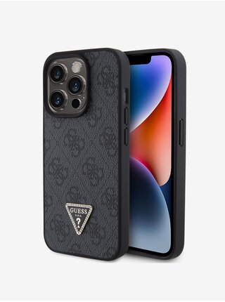 Guess PU 4G Strass Triangle Metal Logo Zadní Kryt pro iPhone 15 Pro Black