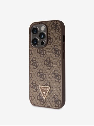 Guess PU 4G Strass Triangle Metal Logo Zadní Kryt pro iPhone 15 Pro Brown