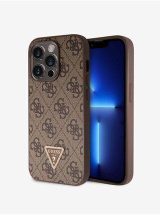 Guess PU 4G Strass Triangle Metal Logo Zadní Kryt pro iPhone 15 Pro Brown