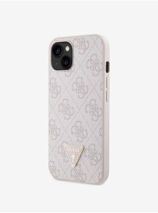 Guess PU 4G Strass Triangle Metal Logo Zadní Kryt pro iPhone 15 Pink