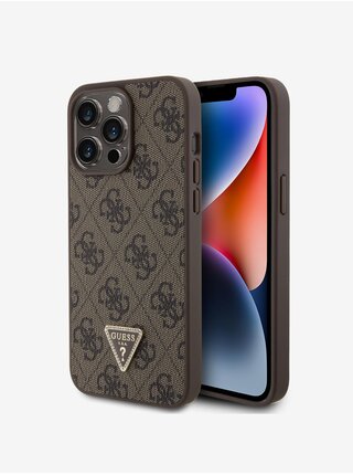 Guess PU 4G Strass Triangle Metal Logo Zadní Kryt pro iPhone 15 Pro Max Brown