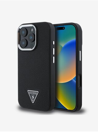 Guess PU Grained Triangle Logo Zadní Kryt pro iPhone 16 Pro Black