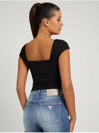 Černé dámské žebrované cropped tričko s mašlí Guess Valeriana