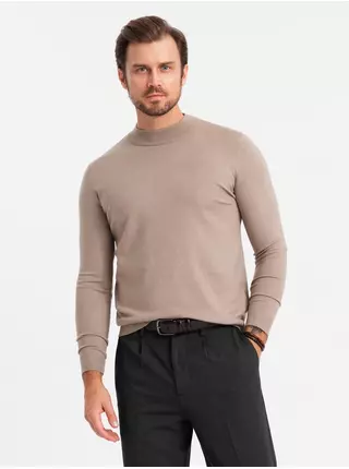 Pánský pletený poloviční rolák s viskózou - tmavě béžový V3 OM-SWTN-0125 Ombre Clothing