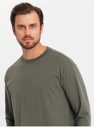 Pánské bavlněné tričko LOOSE FIT s dlouhým rukávem a kulatým výstřihem - šedozelené V3 OM-LSBC-0129 Ombre Clothing