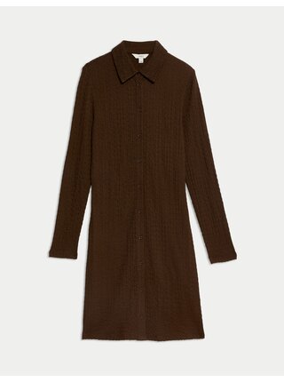 Texturované pouzdrové mini šaty s límečkem a zapínáním na knoflíky po celé délce Marks & Spencer hnědá