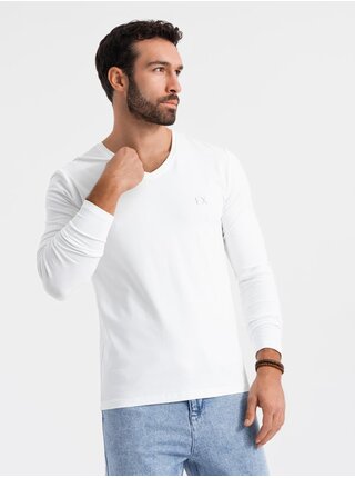 Pánské tričko SLIM FIT s dlouhým rukávem do V s elastanem a potiskem bílá Ombre Clothing