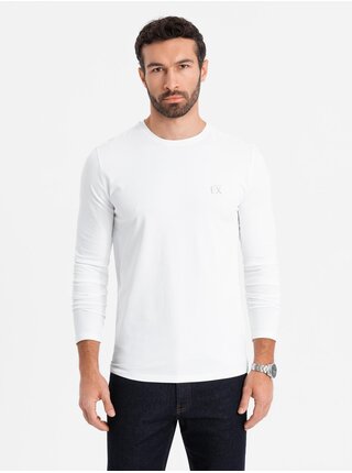 Pánske tričko SLIM FIT s dlhým rukávom, elastanom a potlačou biela Ombre Clothing