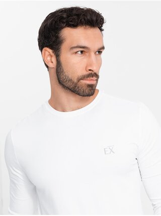Pánske tričko SLIM FIT s dlhým rukávom, elastanom a potlačou biela Ombre Clothing