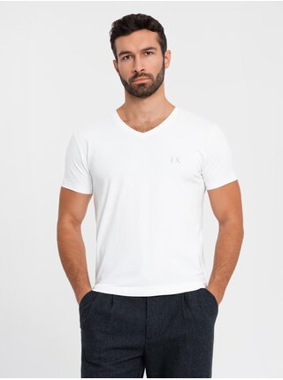 Pánske tričko SLIM FIT s výstrihom do V, elastanom a potlačou biela Ombre Clothing