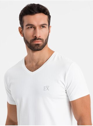 Pánske tričko SLIM FIT s výstrihom do V, elastanom a potlačou biela Ombre Clothing