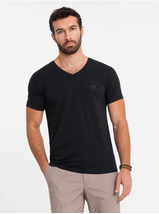 Pánske tričko SLIM FIT s výstrihom do V, elastanom a potlačou čierna Ombre Clothing