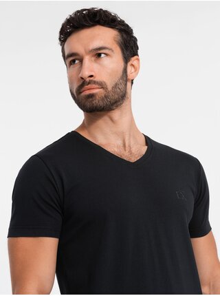 Pánske tričko SLIM FIT s výstrihom do V, elastanom a potlačou čierna Ombre Clothing