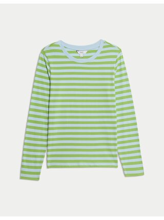 Pruhované tričko ke krku z čisté bavlny Marks & Spencer zelená