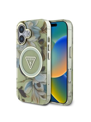 Guess IML Glitter Magnolia and Triangle Logo MagSafe Zadní Kryt pro iPhone 16 Green
