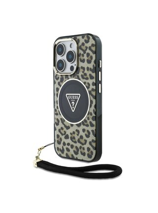 Guess IML Leopard Triangle Logo Strap MagSafe Zadní Kryt pro iPhone 16 Pro Max Brown