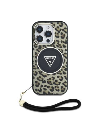Guess IML Leopard Triangle Logo Strap MagSafe Zadní Kryt pro iPhone 16 Pro Max Brown