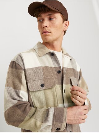 Hnědo-béžová pánská svrchní kostkovaná košile Jack & Jones Bradley