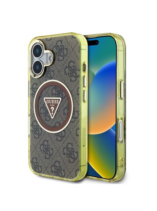 Guess IML 4G Glitter and Triangle Logo MagSafe Zadný Kryt pre iPhone 16 Brown