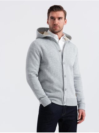 Pánská mikina s kapucí na knoflíky - šedá melanž V2 OM-SSZP-0186 Ombre Clothing