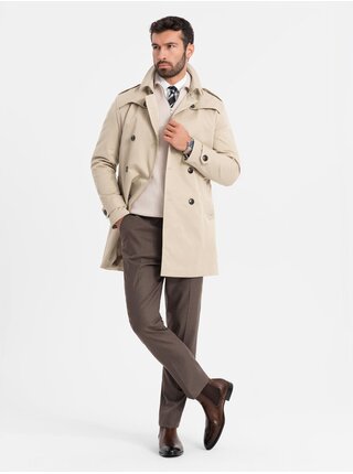 Elegantní pánský plášť SLIM FIT s páskem béžový Ombre Clothing