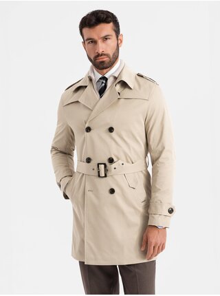 Elegantní pánský plášť SLIM FIT s páskem béžový Ombre Clothing