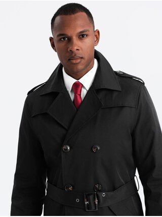 Elegantní pánský plášť SLIM FIT s páskem černý Ombre Clothing