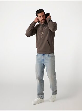 Pánská hnědá mikina s vyšitým logem a kapucí Guess jeans