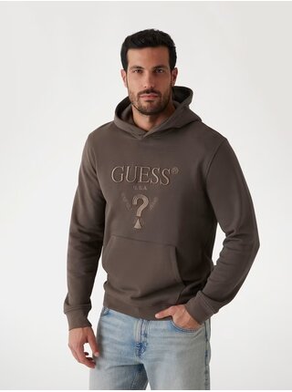 Pánská hnědá mikina s vyšitým logem a kapucí Guess jeans