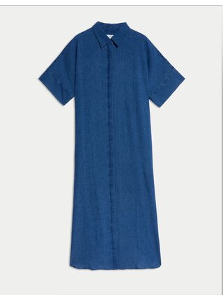 Košilové midi šaty s límečkem s vysokým podílem lnu Marks & Spencer námořnická modrá