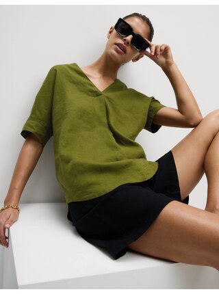 Volná halenka přes hlavu s výstřihem do V z čistého lnu Marks & Spencer zelená