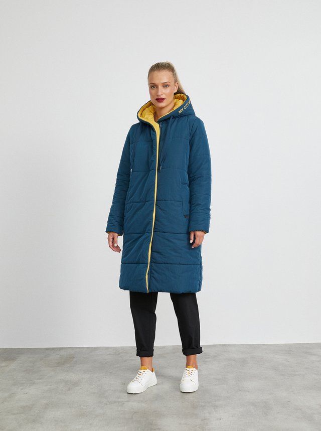 Žlto-modrý dámsky obojstranný zimný kabát METROOPOLIS Isabella