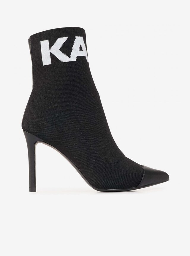 Čierne dámske členkové kožené topánky na podpätku KARL LAGERFELD Pandora Hi Knit Collar Ankle BT