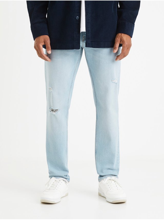 Světle modré pánské straight fit džíny s potrhaným efektem Celio Vomarble