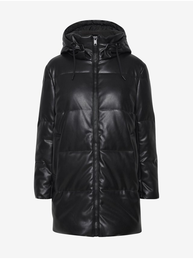 Černý prošívaný koženkový zimní kabát s kapucí ICHI