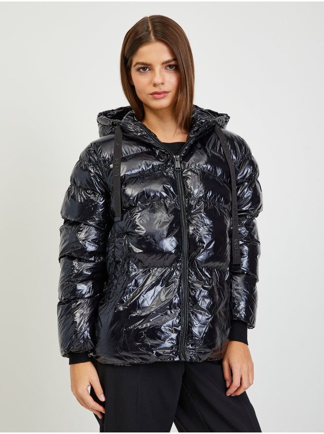 Čierna dámska prešívaná lesklá zimná bunda s kapucňou Guess Karine